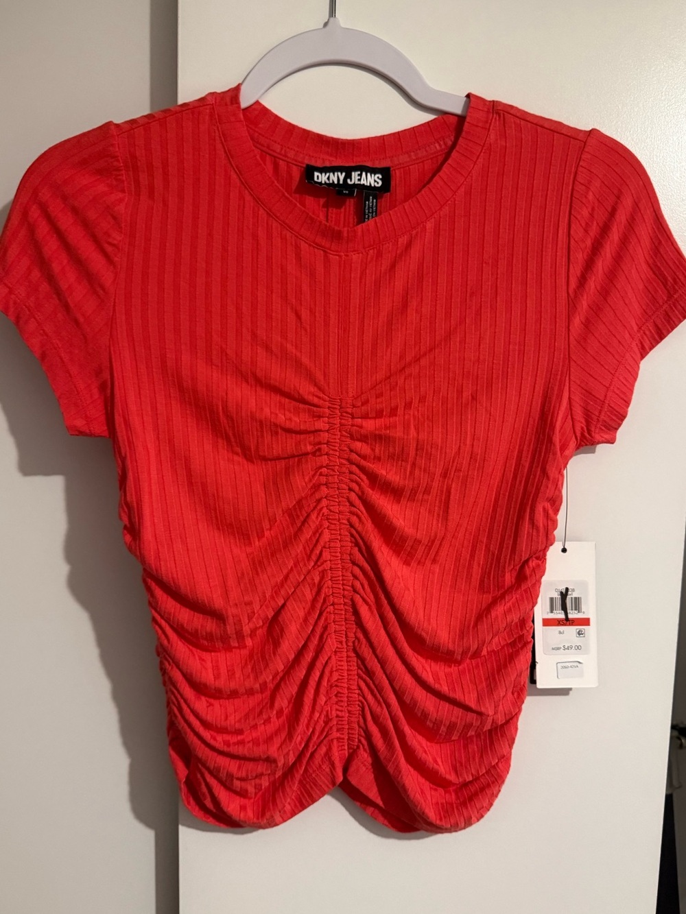 DKNY Red Ruched Short Sleeve Crop Top